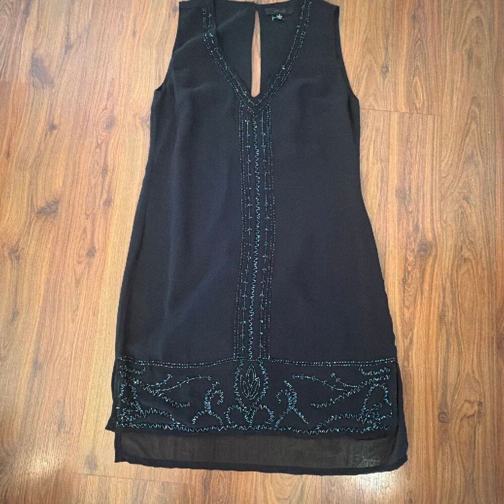 Aryn K black chiffon V-neck beaded shift dress Size S